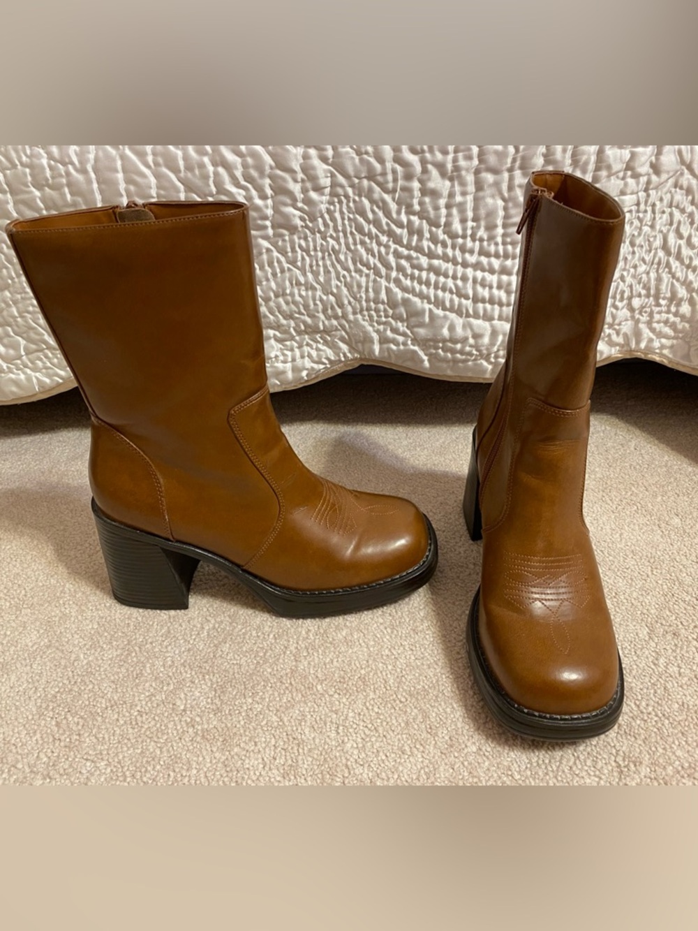 City Snappers brown pleather block heel mid calf boots, size 9